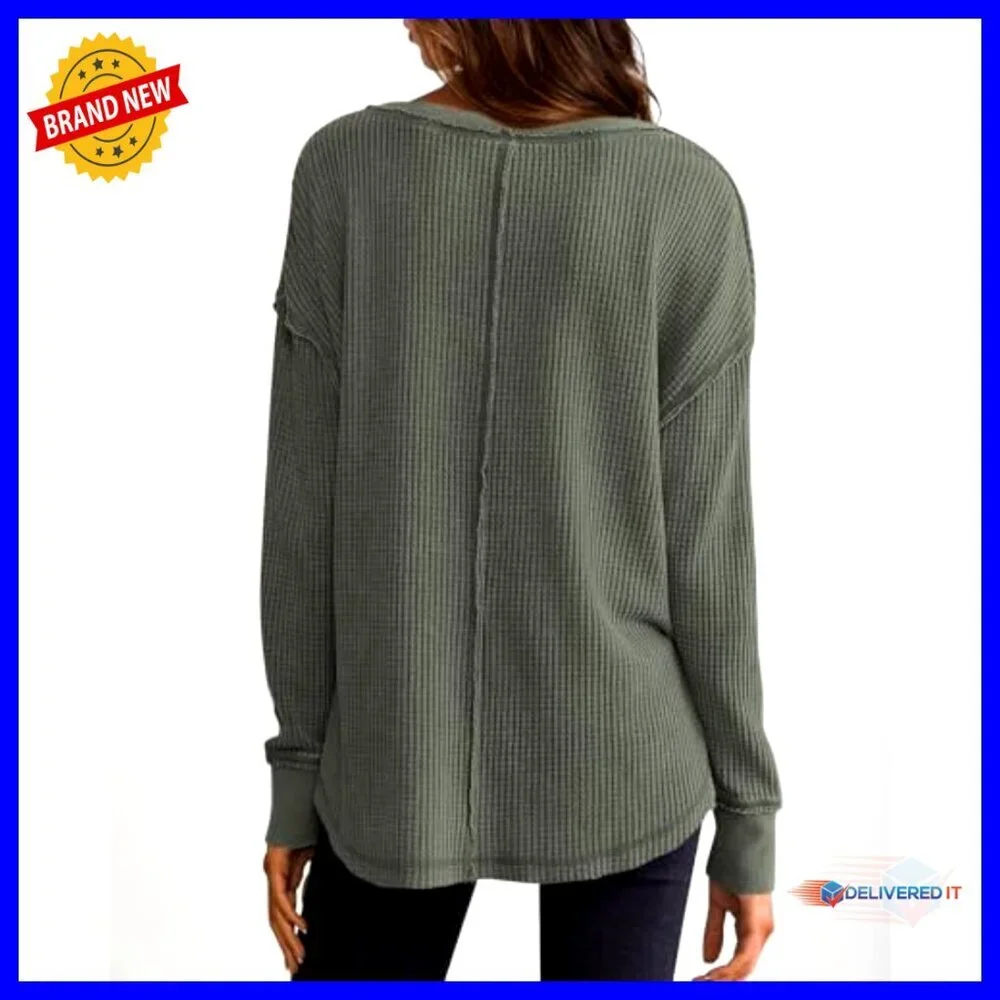 Waffle Knit Long Sleeve Tunic Top Loose Fit V-Neck Casual Dressy - Picture 2 of 7